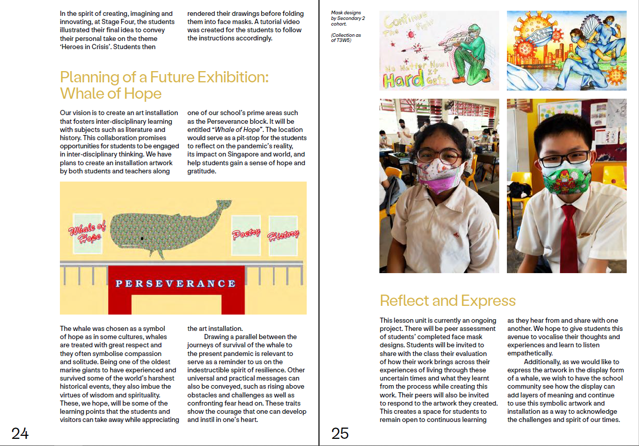 Magazine spread showing student mask designs, two students wearing decorated masks, and a whale art installation plan.